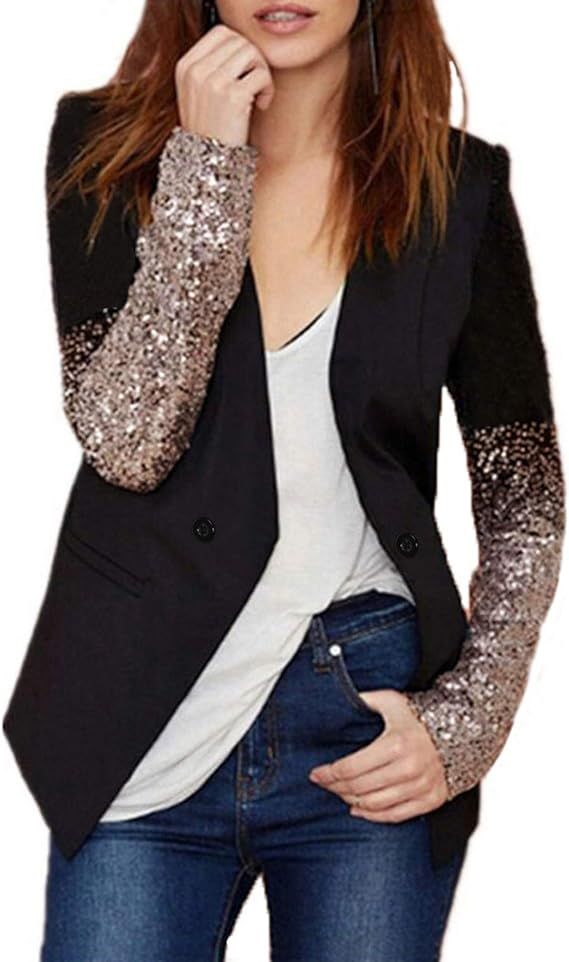 Auxo Women's Blazer Jacket Sparkle Sequin Button Long Sleeve Patchwork Suit Top Coat | Amazon (US)