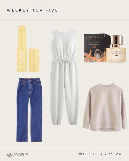 Weekly top 5// Most popular items of the week. I wear size 25 in the jeans and S in crew neck and jumpsuit 