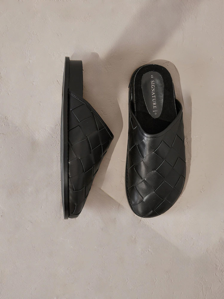 Black Signature Premium Leather Weave Footbed Mules | Next EU