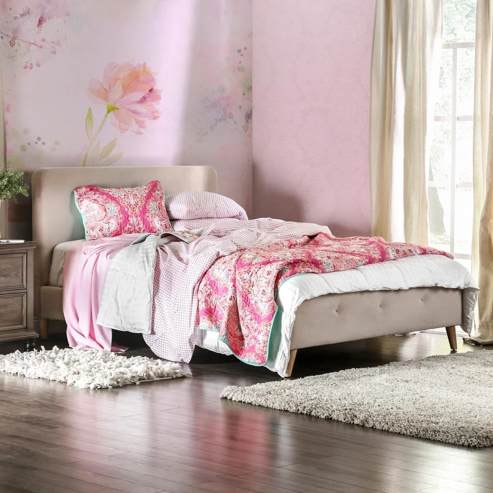 Furniture of America  Celene Mid-century Modern Queen Platform Bed Beige | Walmart (US)