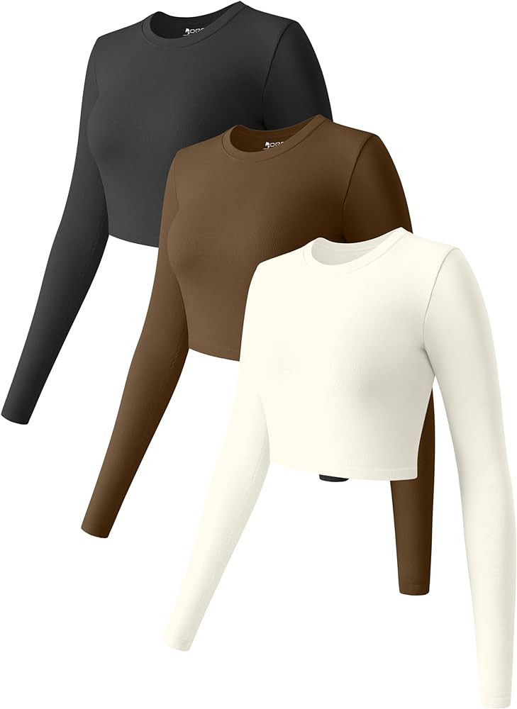 OQQ Women 3 Piece Crop Tops Long Sleeve Crew Neck Stretch Fitted Underscrubs Shirts Crop Tops | Amazon (US)