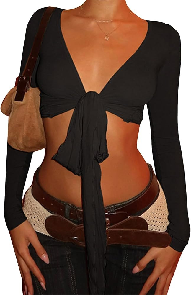 Women's Tie Front Crop Top Long Sleeve Deep V Neck Wrap Tops Y2K Summer Going Out Blouses Shirt | Amazon (US)