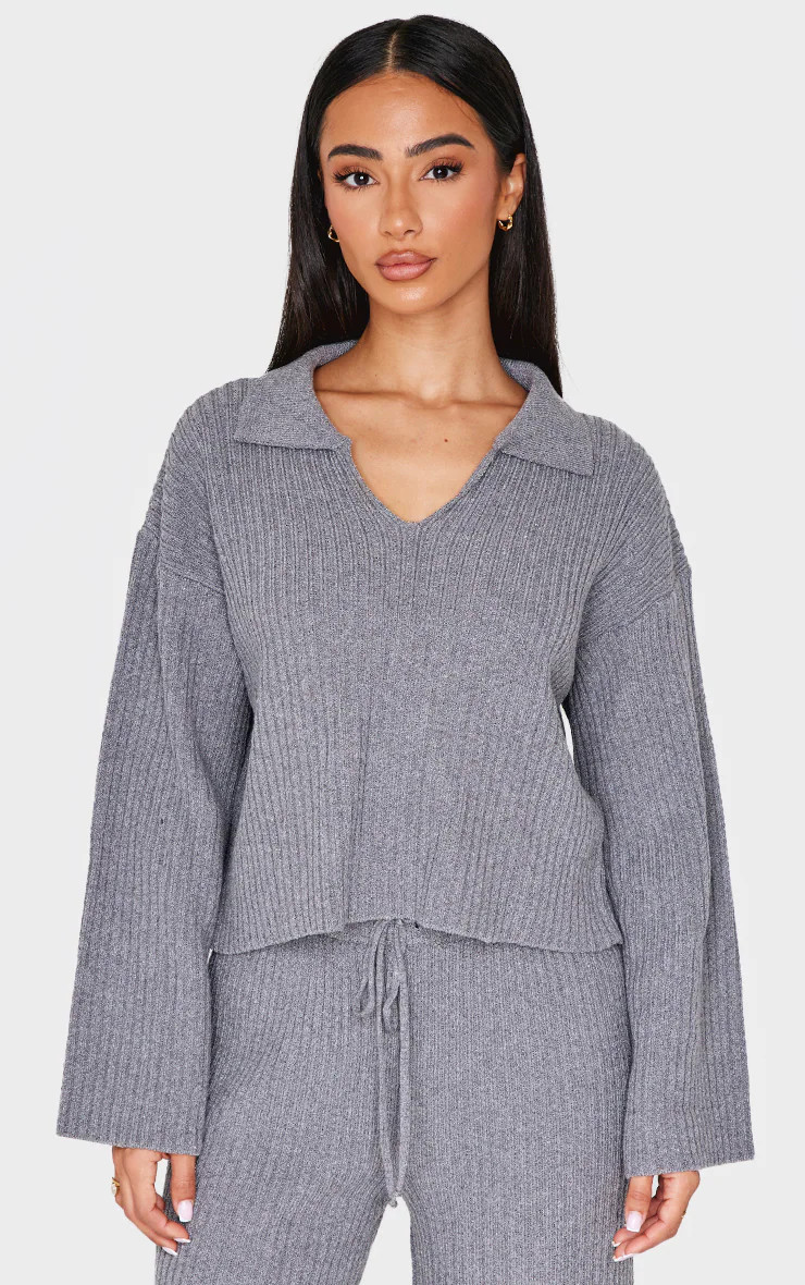 Petite Charcoal Knitted Open Collar Sweater | PrettyLittleThing US
