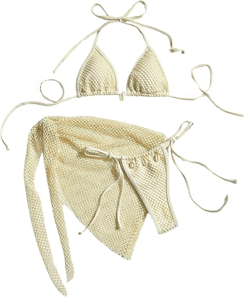 Verdusa Women's 3 Piece Halter String Fishnet Bikini Swimsuit with Wrap Cover Up | Amazon (US)