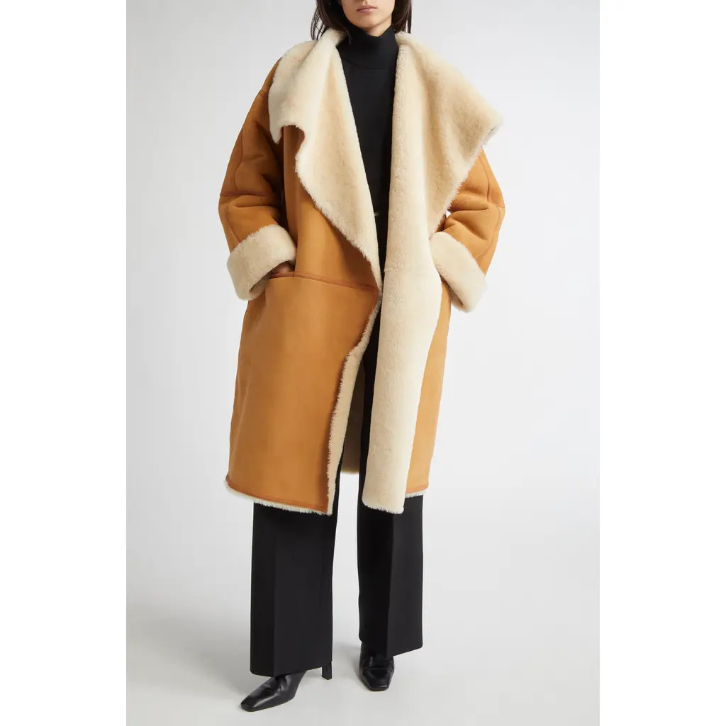 TOTEME Draped Genuine Shearling Coat in Tan at Nordstrom, Size Medium | Nordstrom