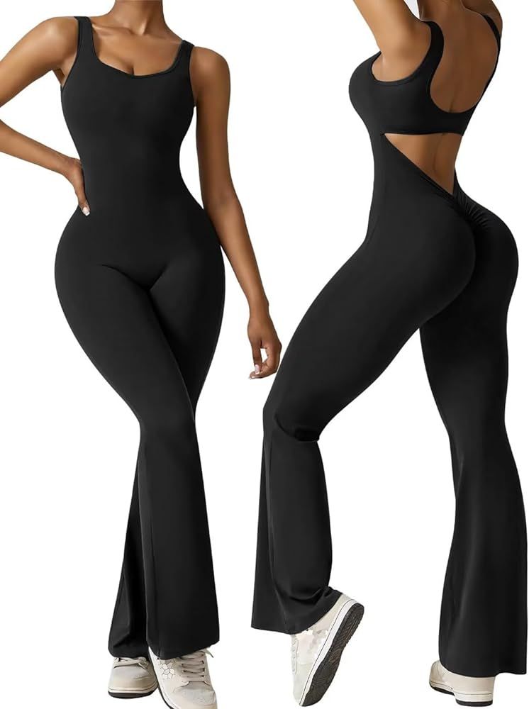 Vertvie Sleeveless Flare Jumpsuits for Women Sexy Backless Bodycon V Back Scrunch Butt Yoga Rompe... | Amazon (US)