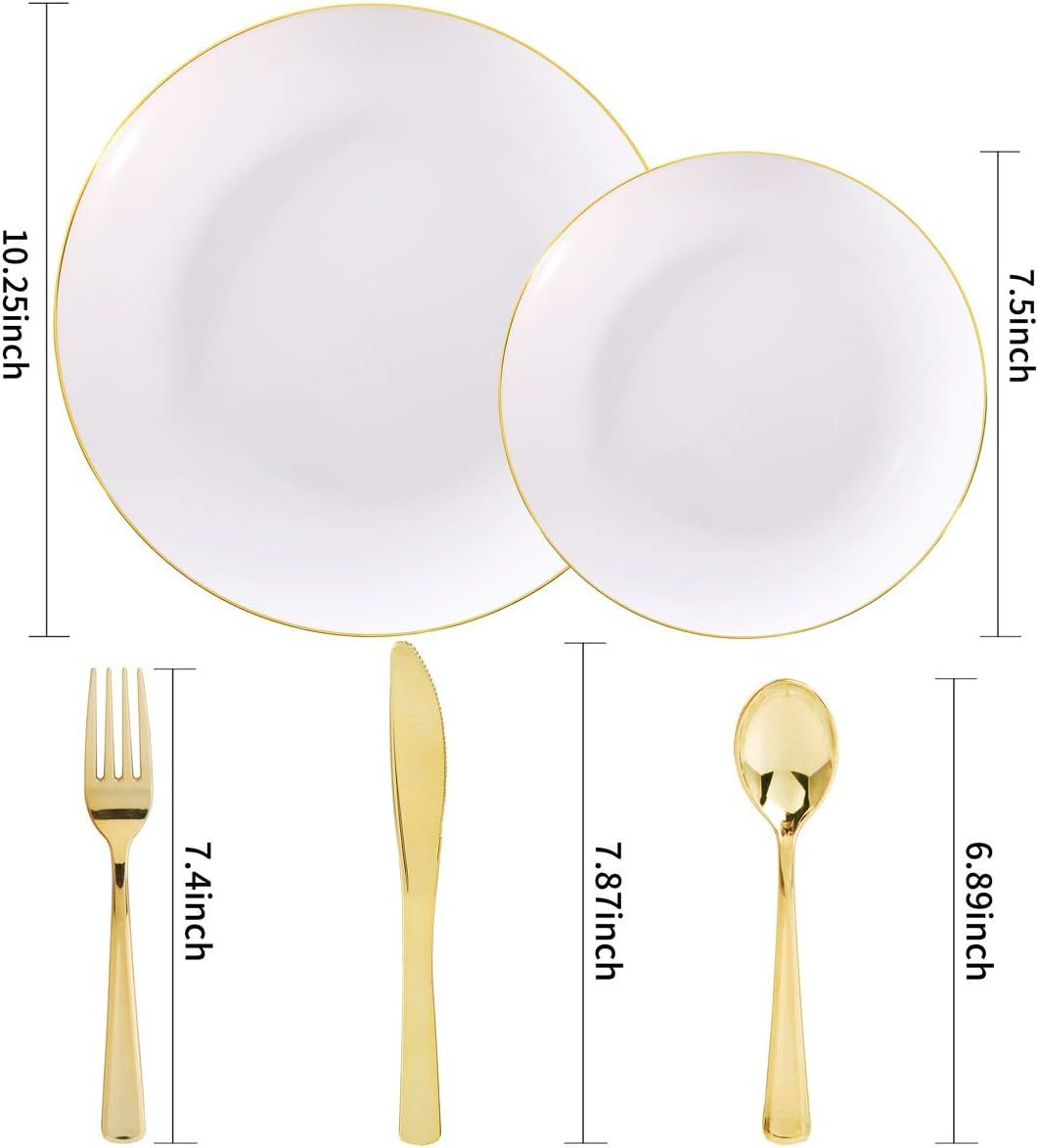 Nervure 125 White with Gold Rim Plastic Plates&Disposable Gold Dinnerware Set - 25 Guest Gold Rim... | Amazon (US)