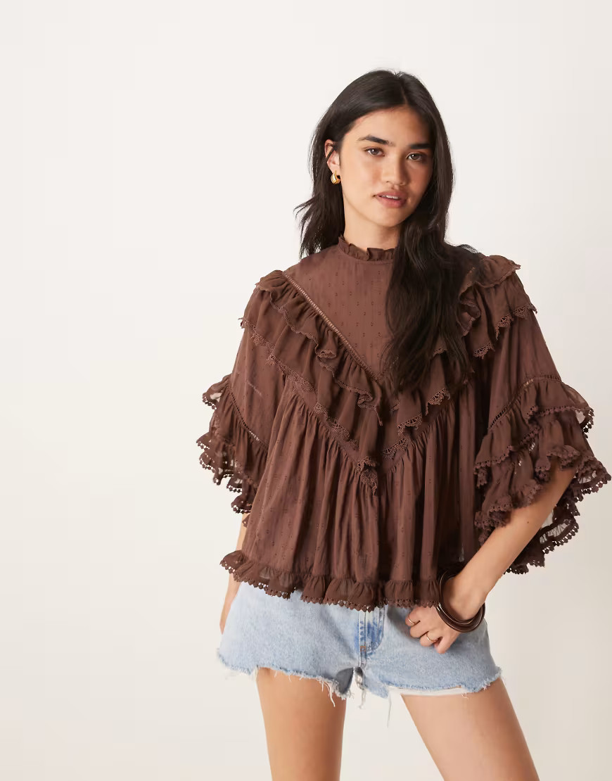 ASOS DESIGN ruffle floaty blouse with lace trim in brown | ASOS (Global)