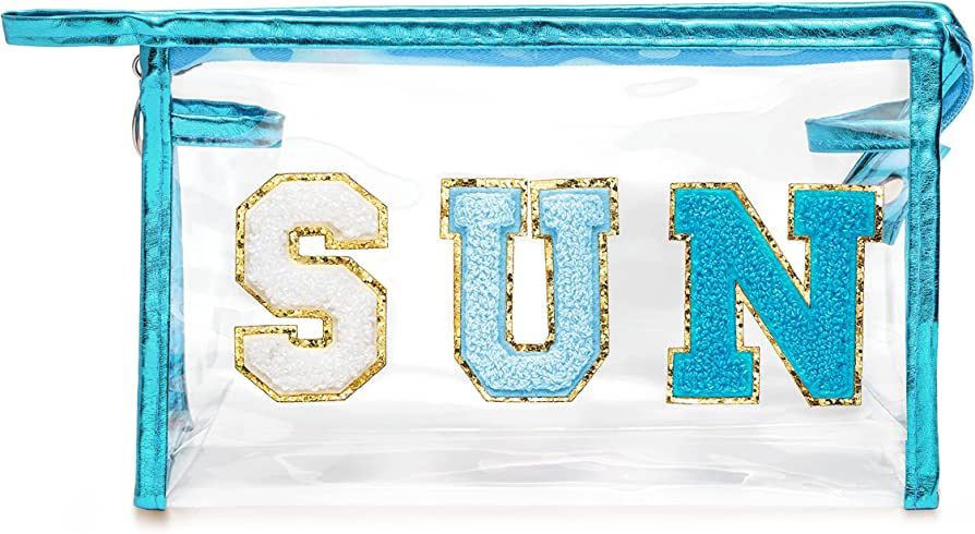 Y1tvei Preppy Patch SUN Varsity Letter Cosmetic Toiletry Bag Transparent PVC Zipper Makeup Bag Da... | Amazon (US)