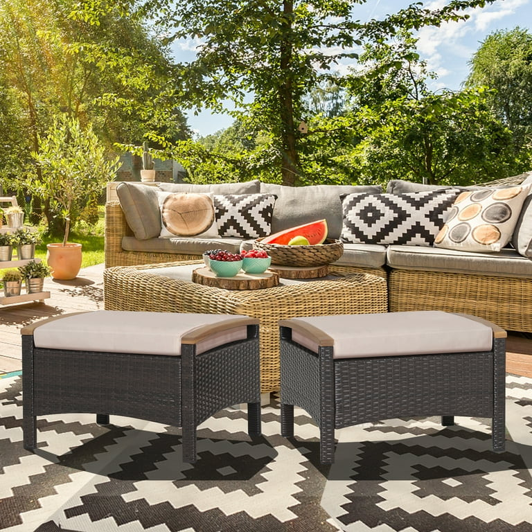 Topbuy Outdoor PE Wicker Ottoman Set of 2 Patio Rattan Footrest Seat with Soft Cushions & Curved ... | Walmart (US)