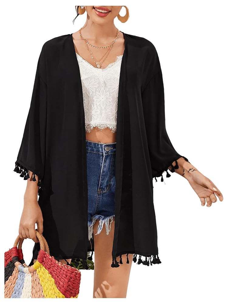 Floerns Women's Half Sleeve Open Front Geo Print Sheer Cardigan Kimono Coverup | Amazon (US)