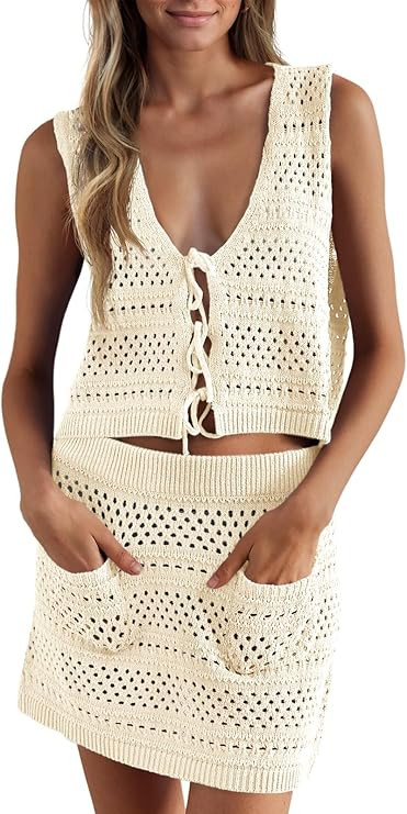 Saodimallsu Womens Crochet Swim Cover Up 2 Piece V Neck Sleeveless Front Tie Crop Tops Beach Mini... | Amazon (US)