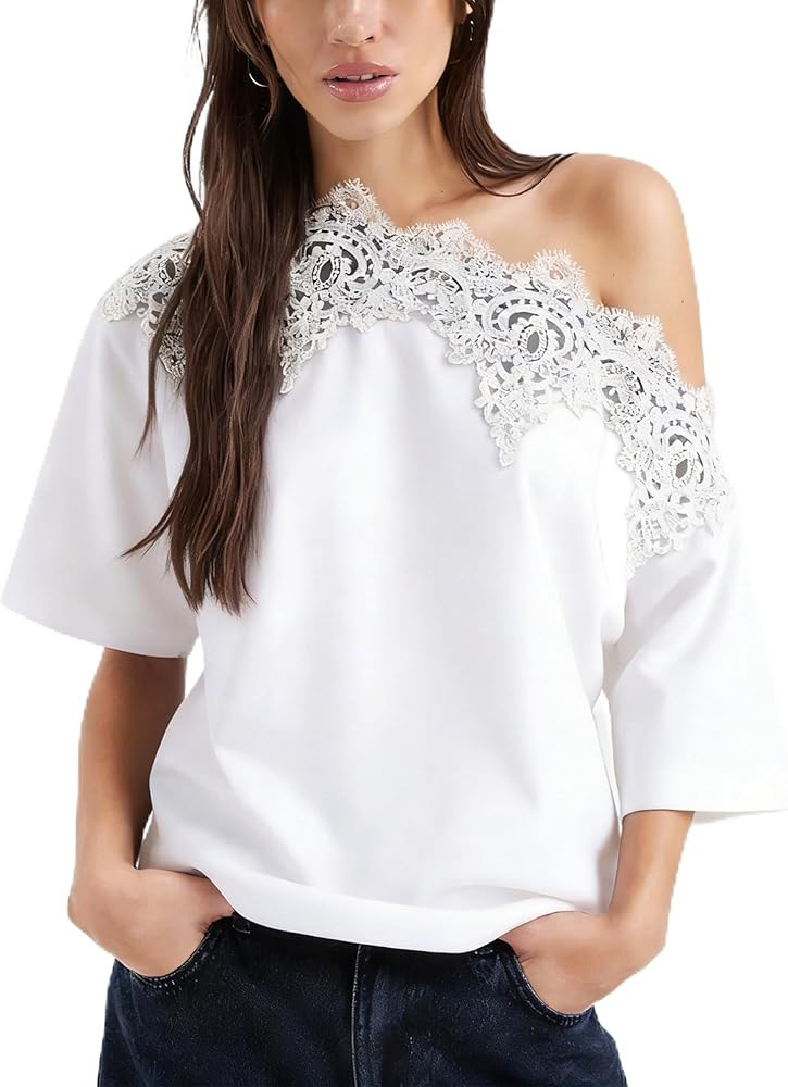 Lace Trim Off The Shoulder Top for Women Summer Relaxed Fit Boat Neck Short Sleeve T-Shirts Casua... | Amazon (US)
