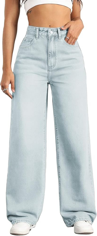 Mars power Straight Leg Jeans for Women,High Waisted Wide Leg Loose Stretchy Boyfriend Denim Pant... | Amazon (US)
