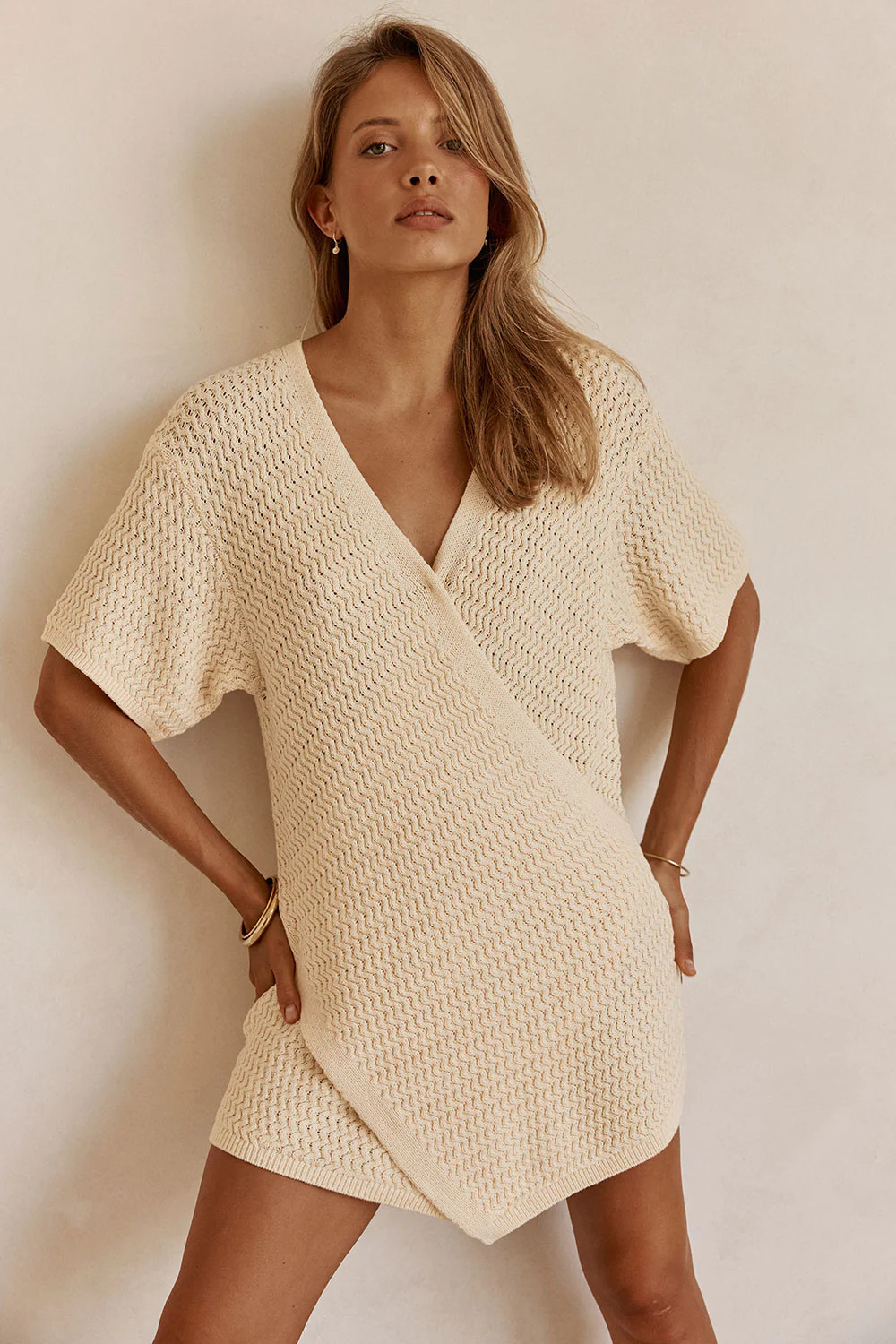 Cream Knit Wrap Mini Kyoto Dress | Sabo Skirt US