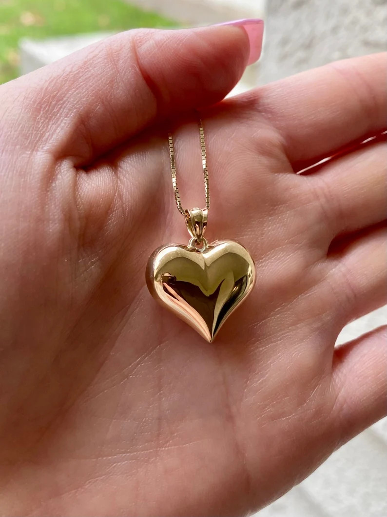 14k Beautiful Gold Heart Pendant. Puffy Heart Charm Pendant. Love Necklace. Anniversary Gift. - E... | Etsy (US)