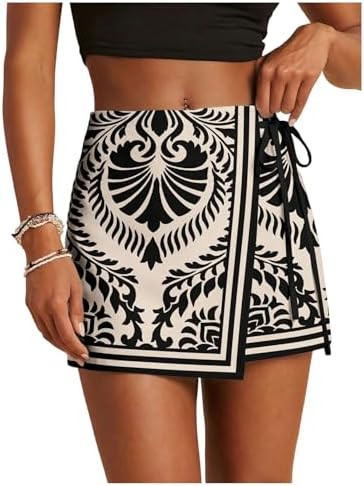 SweatyRocks Women's Shorts Floral Print Tie Side Wrap Elastic Waist Boho Short Skorts Black Apric... | Amazon (US)