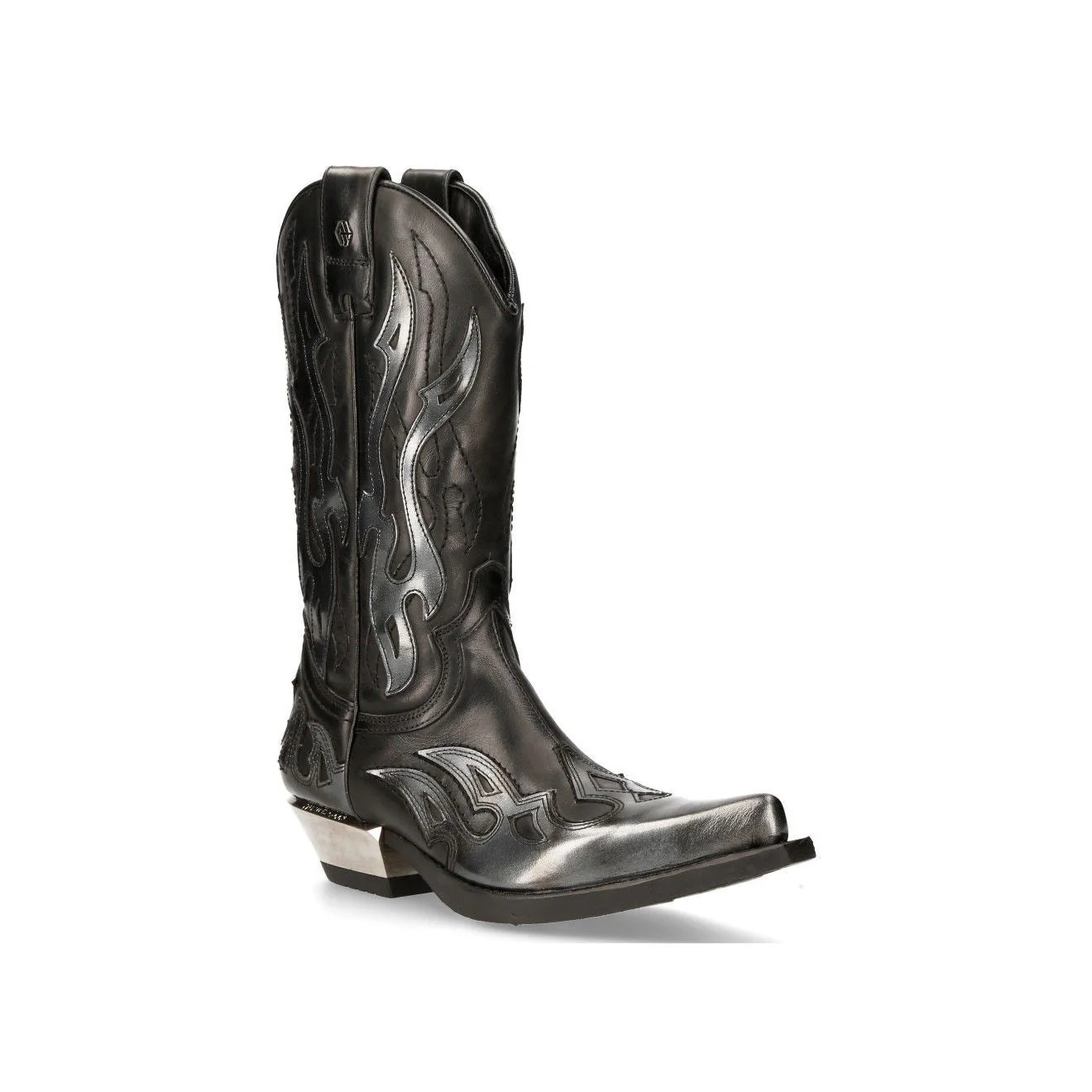 New Rock Flame Accented Black/Silver Leather Biker Cowboy Boots- M-7921-S3 | Shop Simon