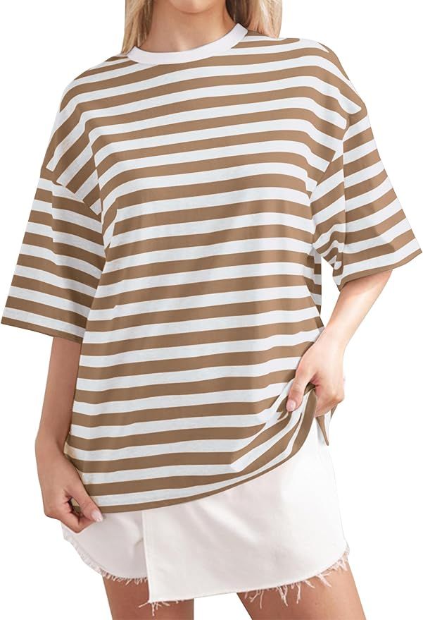 TERIVEEK Women Oversized Striped Color Block Short Sleeve Crew Neck T-Shirts Casual Loose Pullove... | Amazon (US)