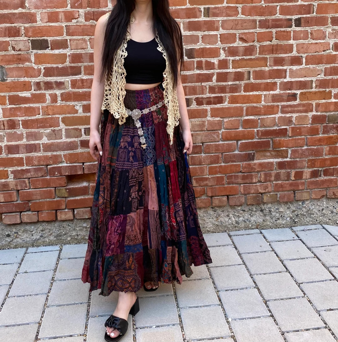 Long Boho Maxi Patchwork Skirt, Hippie Grunge Fairycore Skirt, Earthy Tones, Festival, 90s Aesthe... | Etsy (US)