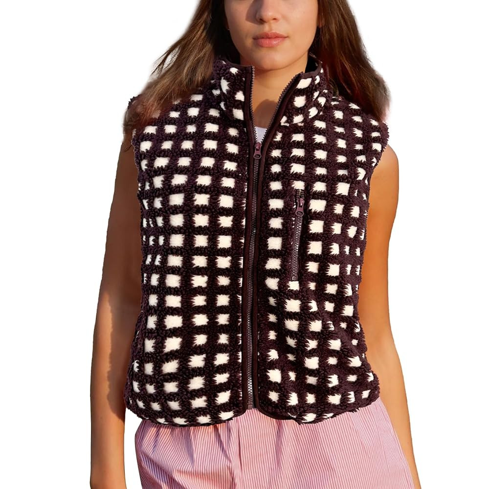 Womens Checkered Sherpa Vest Sleeveless Winter Fleece Jacket High Neck Zip Up Plaid Gilet with Ch... | Amazon (US)