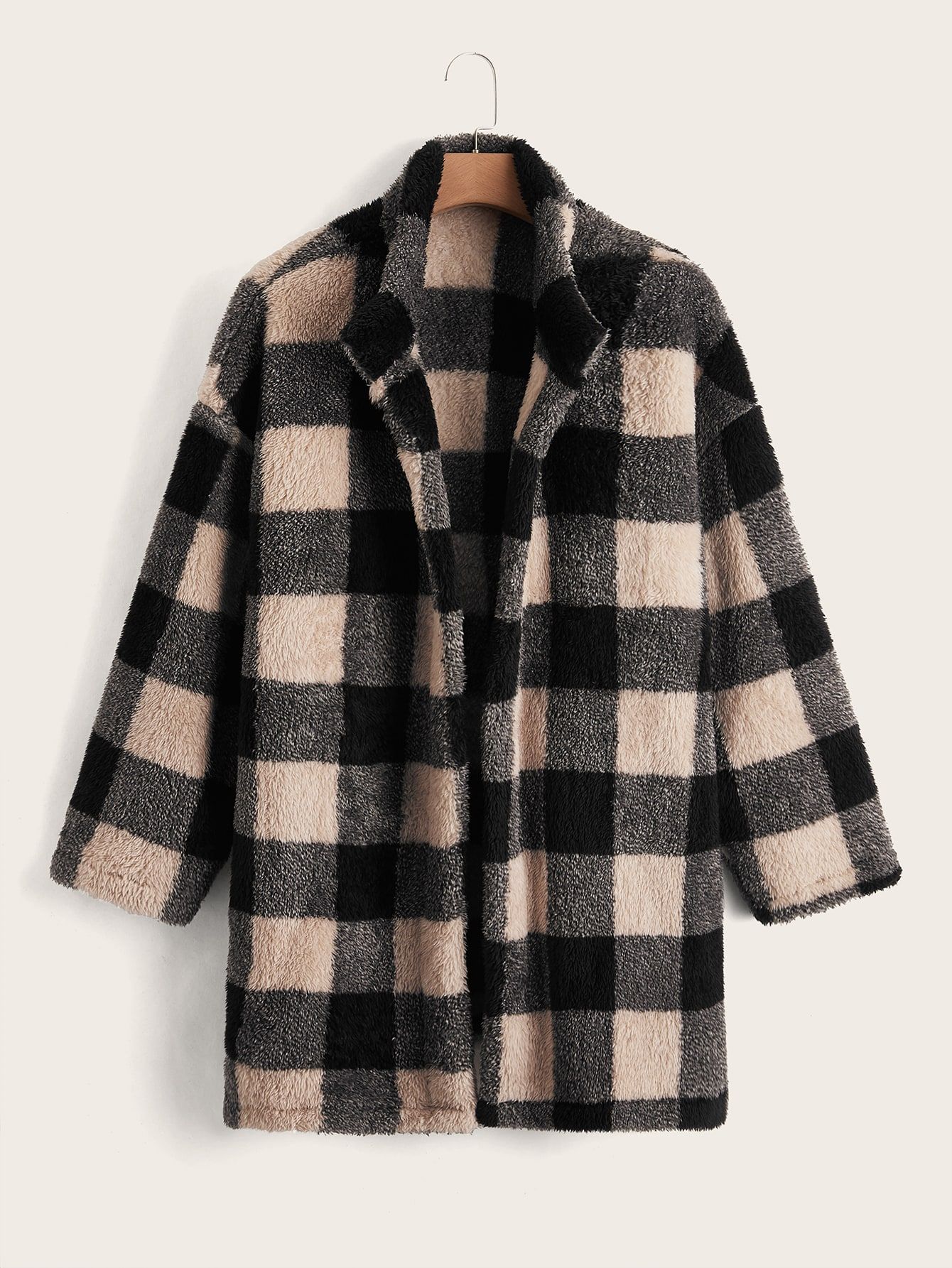 Plus Buffalo Plaid Pattern Drop Shoulder Teddy Coat | SHEIN