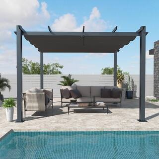 10 ft. x 10 ft. Dark Grey Aluminum Outdoor Patio Pergola with Retractable Sun Shade Canopy Cover | The Home Depot