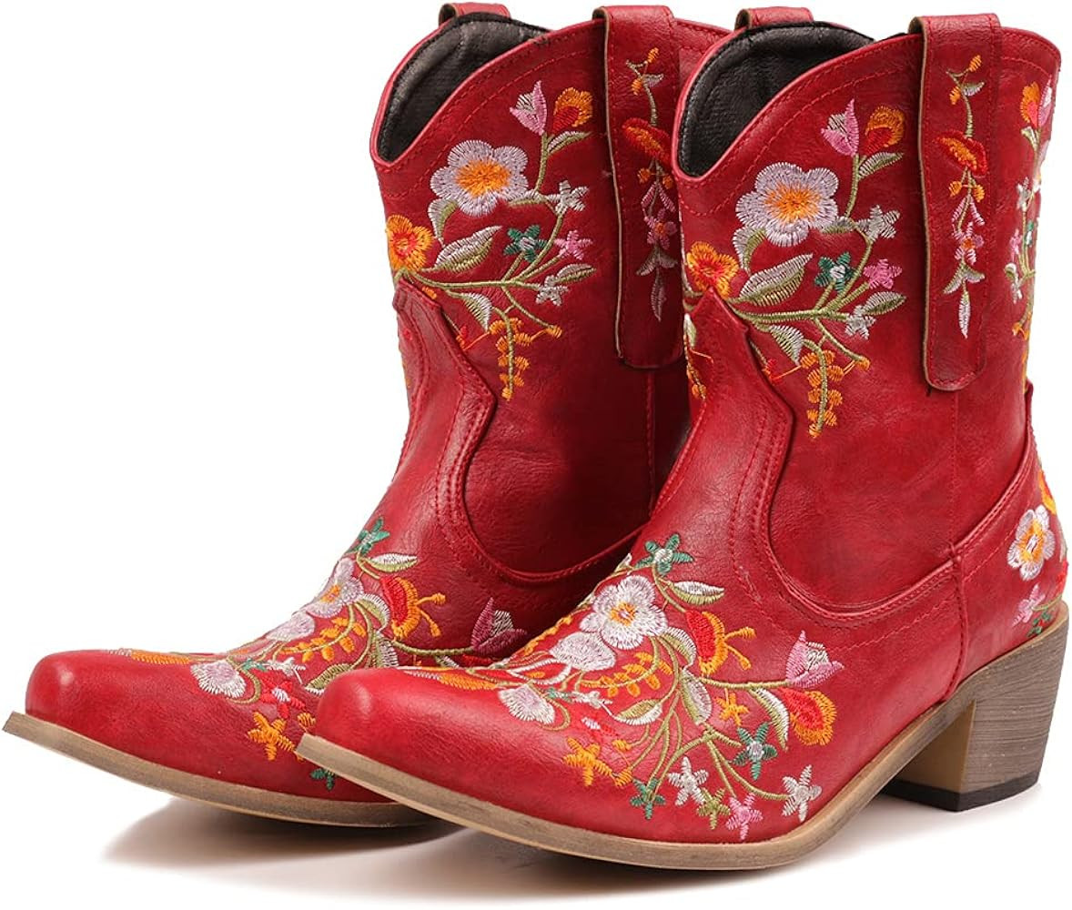CRYSIGNE Women Flower Embroidered Ankle Cowgirl Boots Square Toe Western Boots Chunky Heel Pull O... | Amazon (US)