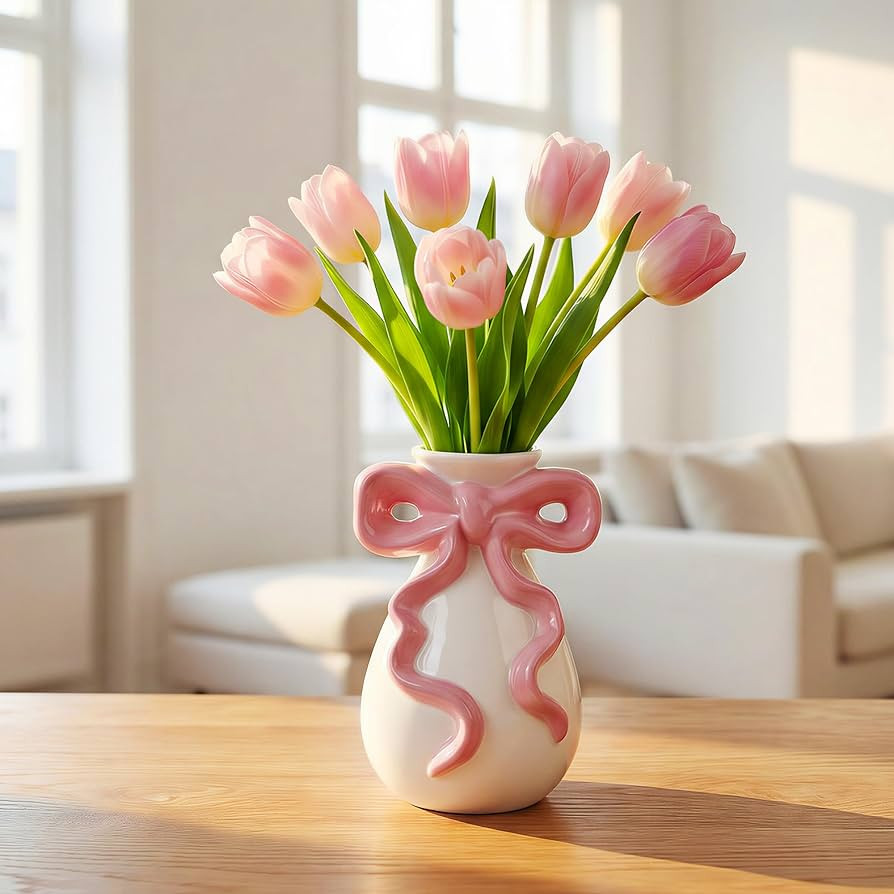 Pink Bow Vase, Cute Flower Vase with Bow, Coquette Ceramic Vase for Flower, Pink White Bow Vase M... | Amazon (US)