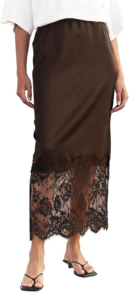 Women Satin Lace Maxi Skirt Lace Trim Silk Half Slip Long Skirts Elastic Waist A Line Asymmetrica... | Amazon (US)