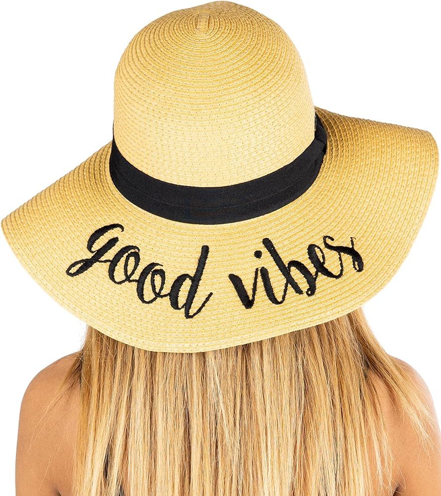 Funky Junque Women’s UPF 50 Bold Cursive Embroidered Adjustable Beach Floppy Sun Hat | Amazon (US)