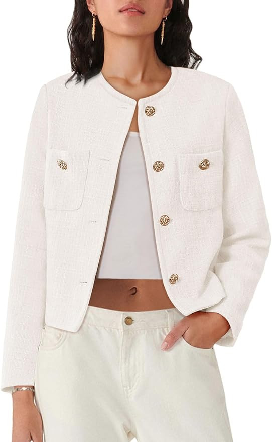 Women's Tweed Blazers Long Sleeve Business Button Down Casual Cropped Blazer Jackets with Pockets | Amazon (US)