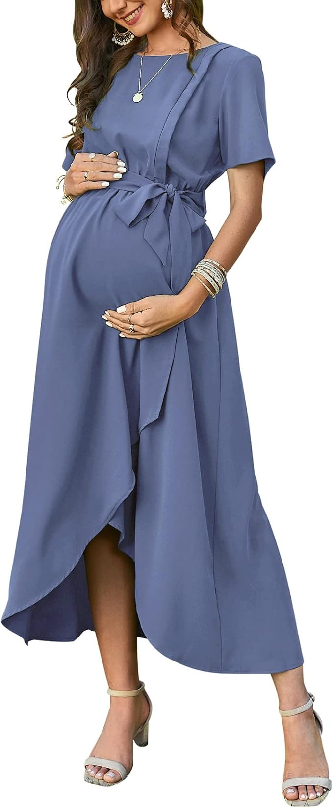 Arach&Cloz Womens Maternity Dress 2023 Summer Short Sleeve Maxi Dresses for Nursing Photoshoot Ba... | Amazon (US)