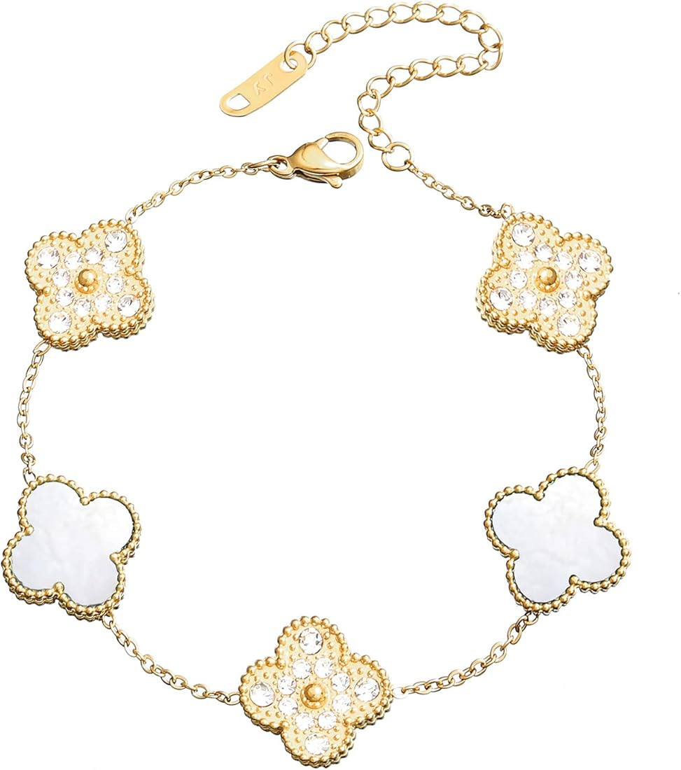 Bracelet Fashion for Women Girls, 18K Gold Plated Adjustable Cute Lucky Clover Rhinestones Bracel... | Amazon (US)