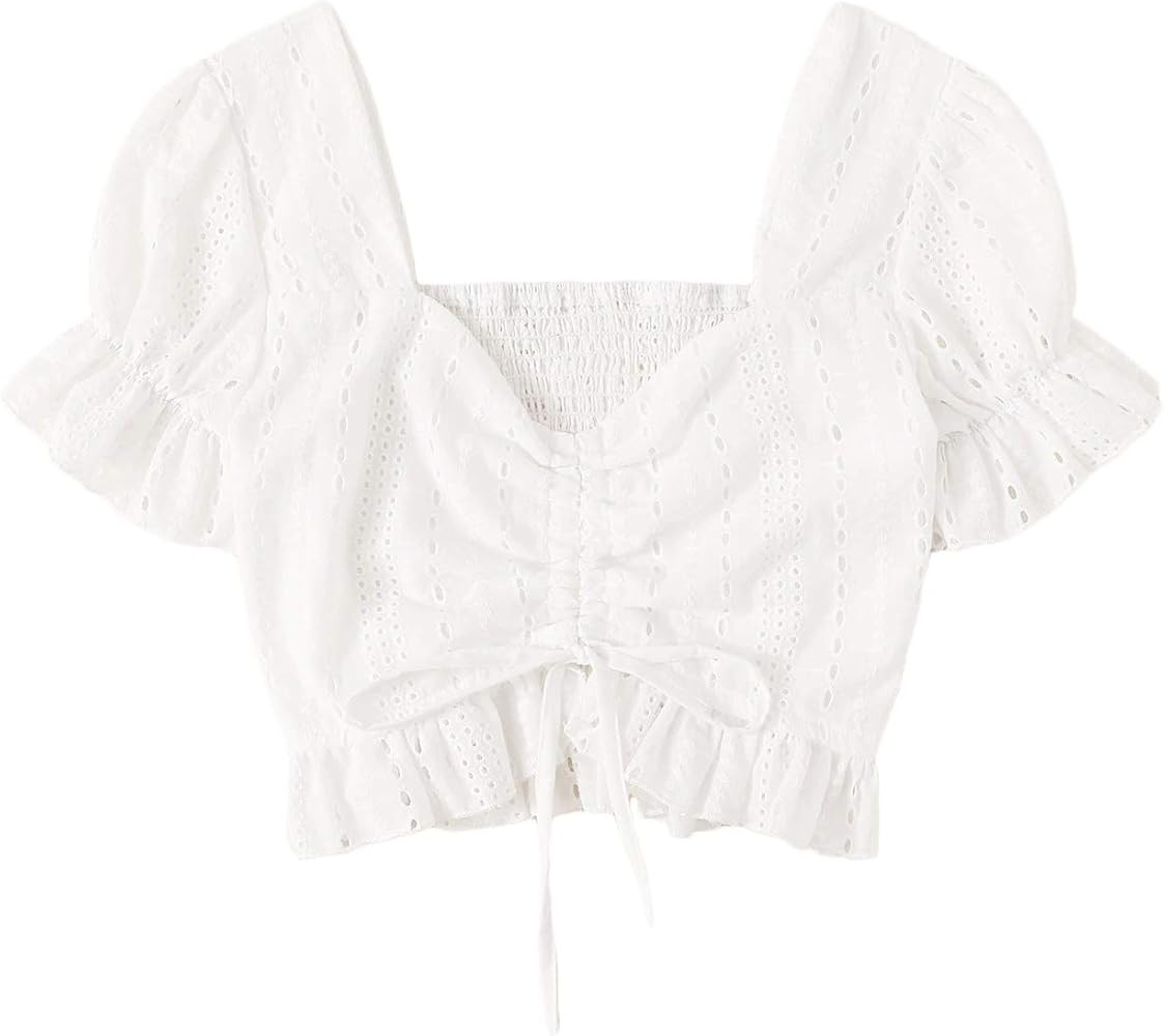 Women's Summer Square Neck Drawstring Front Blouse Crop Top | Amazon (US)