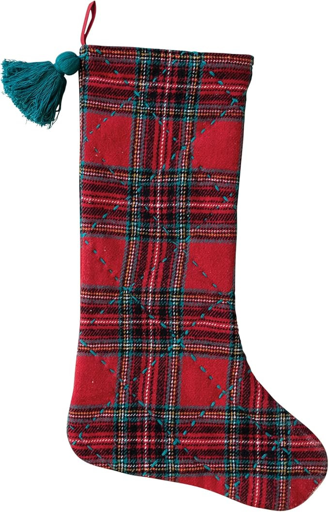 Creative Co-Op Brushed Cotton Flannel Quilted Stocking with Tassel, Red and Green Plaid | Amazon (US)