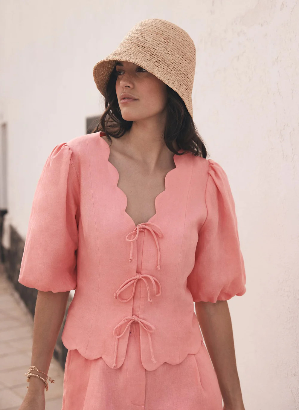 Yellow Linen Scallop Tie Front Top | Mint Velvet - US