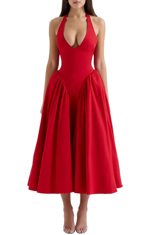 HOUSE OF CB Marilyn Halter Midi Dress in Haute Red at Nordstrom, Size Medium | Nordstrom
