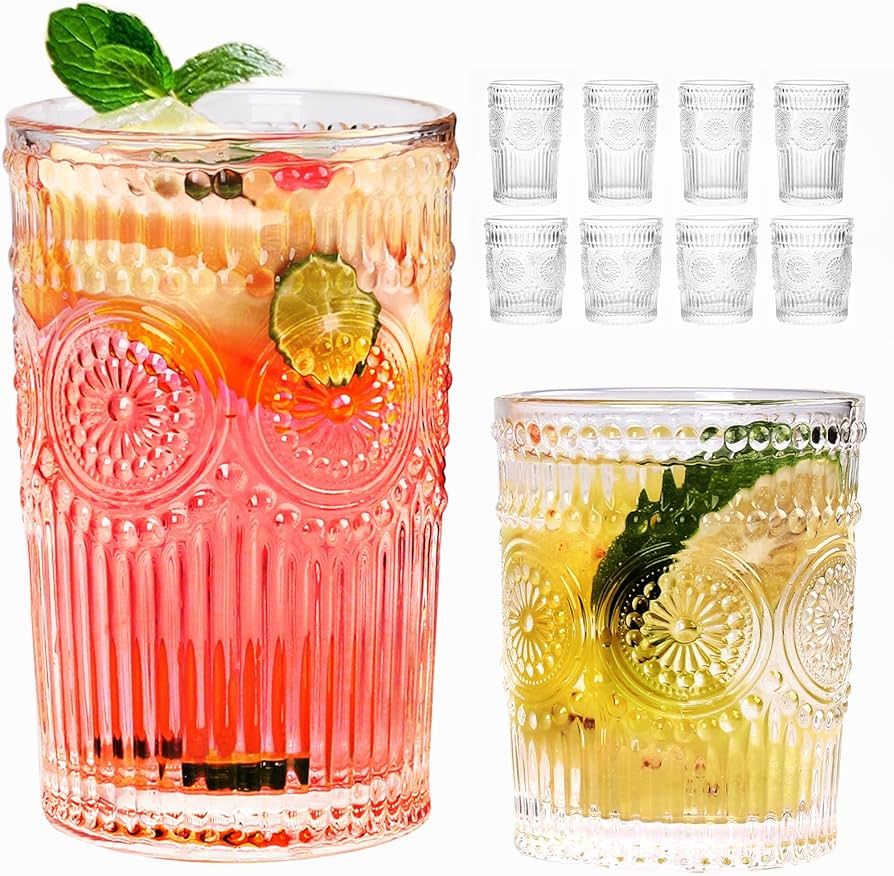 Vintage Striped Glassware Set - Romantic Textured Drinking Glasses, 4 Highball 12oz & 4 Rocks 10o... | Amazon (US)