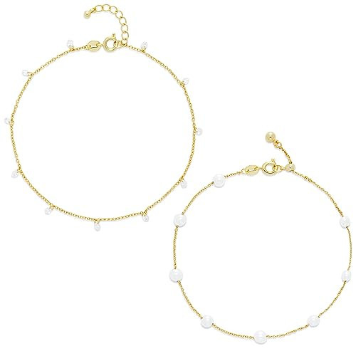Amazon Essentials 14K Gold Plated cultured Pearl and Cubic Zirconia Dangle Anklet Set | Amazon (US)
