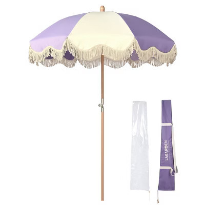 LAGarden Palm Springs 6Ft Patio Floral Fringe Umbrella with Tassel Carry Bag Outdoor Vintage Wood Garden Parasol Purple PS-Purple | Target
