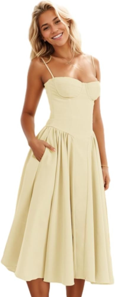 KT Womens Corset Dress Elegant Spaghetti Strap Bustier Midi Dress Flowy Pleated Hem Low Cut Prom ... | Amazon (US)