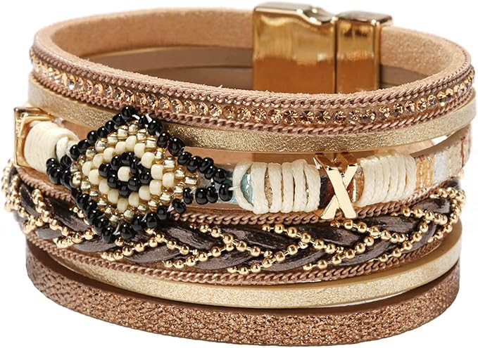 Kar Nann Ethnic Leather Bracelet Layered Leather Bracelet Bohemian Jewelry Hand-Woven Khaki Leath... | Amazon (US)