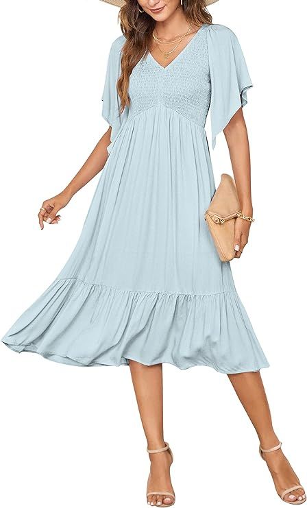 PYGFEMR Women's Summer Empire Waist Dress Smocked Flutter Short Sleeve V Neck Midi Dresses | Amazon (US)