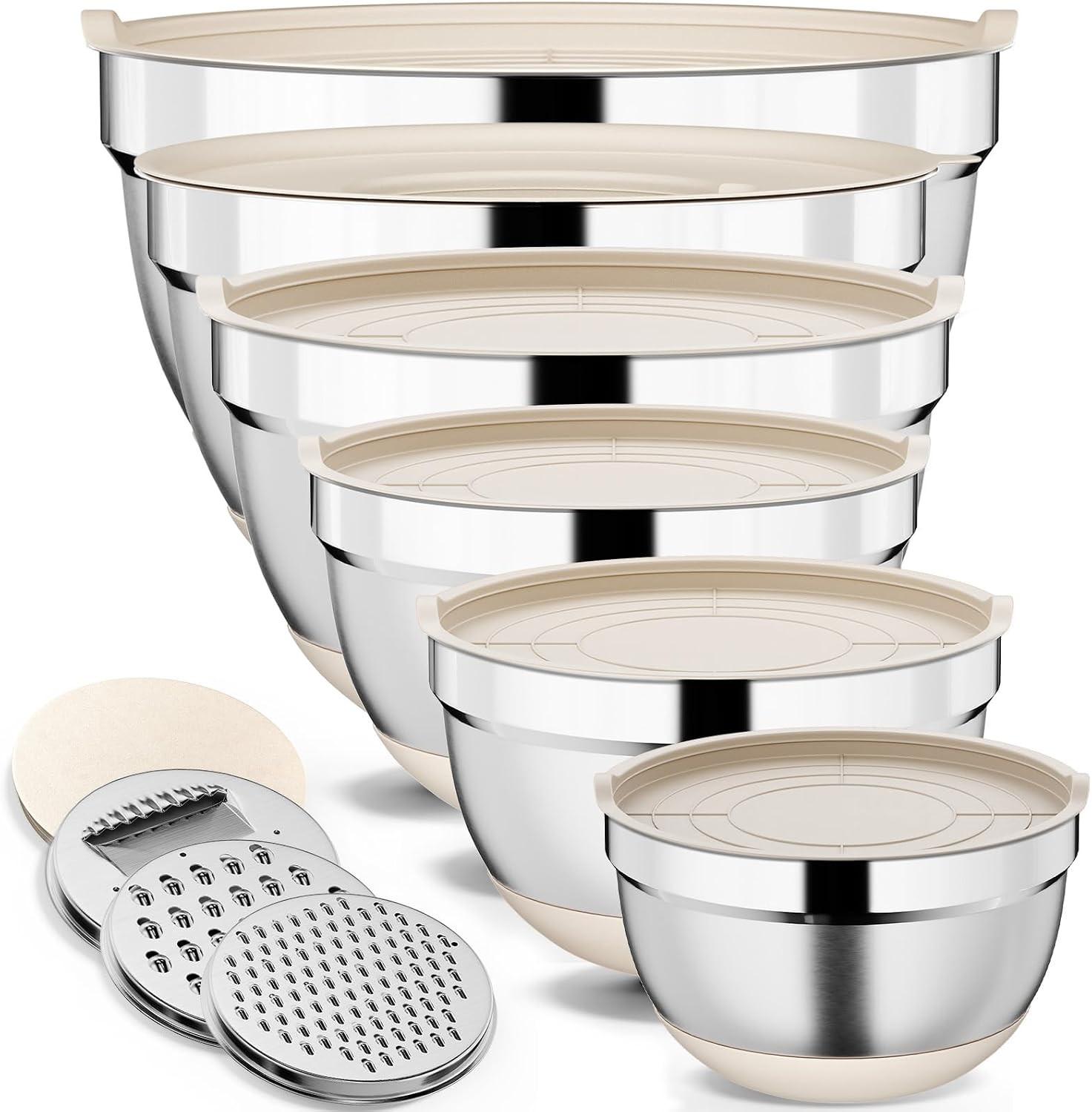 9 Pack Mixing Bowls with Airtight Lids & Grater Attachments, Khaki | Amazon (US)