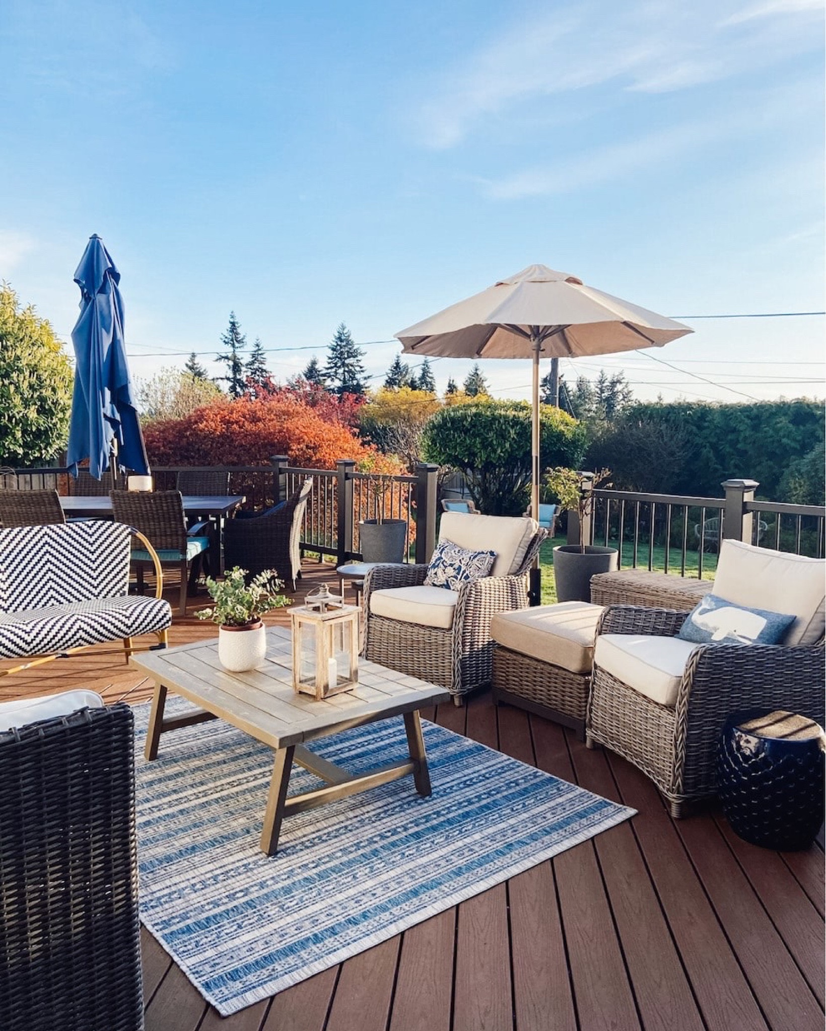 Outdoor furniture rugs and patio umbrellas, blue and white rattan herringbone settee

#LTKsalealert #LTKSeasonal #LTKhome