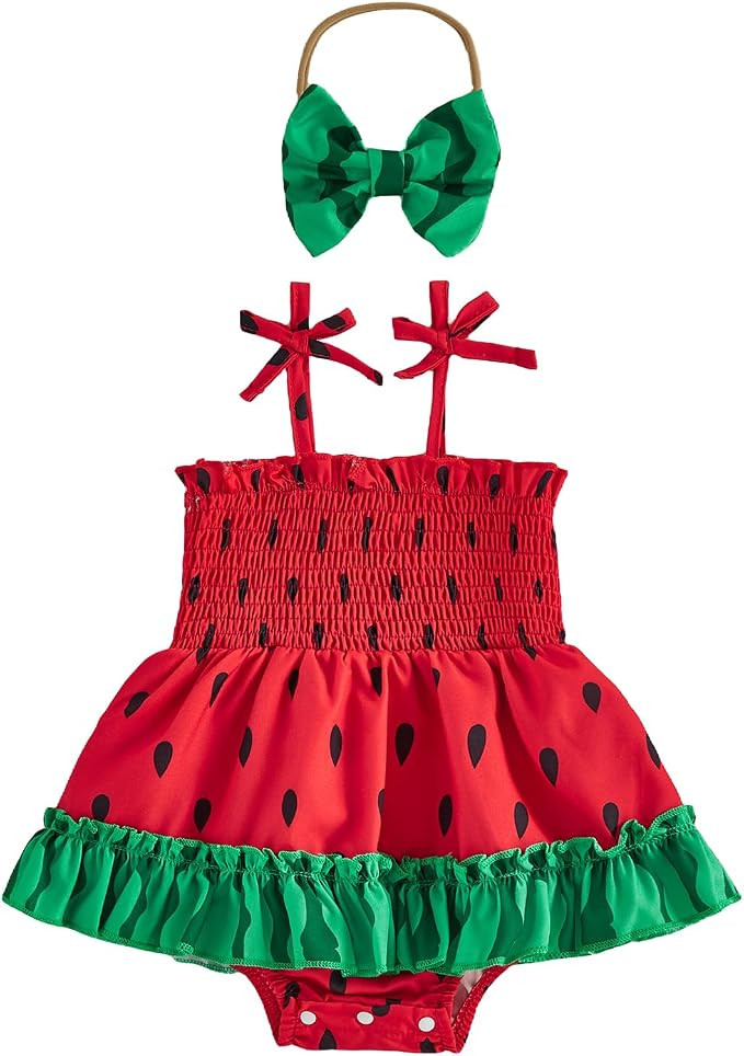 Baby Girl Floral Romper Dress with Hat Sleeveless Watermelon Smocked Dress Cowgirl Outfit Infant ... | Amazon (US)