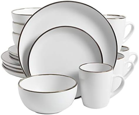 Gibson Home Rockaway Round Stoneware Dinnerware Set, Service for 4 (16pcs), Matte White/Metallic Rim | Amazon (US)