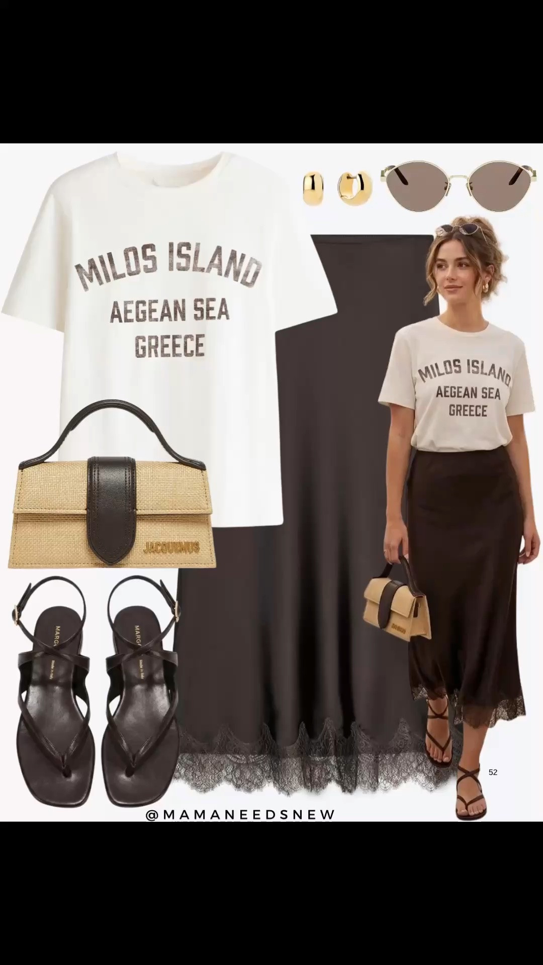 A spring outfit with a graphic t-shirt, satin lace trim midi skirt, sandals and a top handle bag 🤎

#LTKootd #LTKSeasonal #LTKSaleAlert