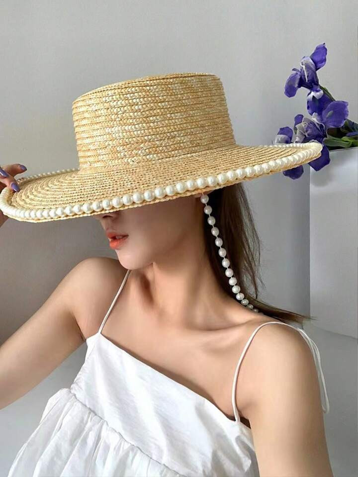 1pc Women's Pearl Pendant Chain Elegant Flat Top Wide Brim Straw Hat, Perfect For Spring/Summer T... | SHEIN